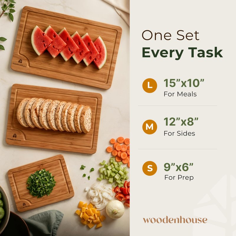 Wooden Cutting Board Set of 3 - Thick & Durable Bamboo Wood Cutting Boards for Kitchen - with Deep Juice Grooves & Built-In Handles - Large Surface, Easy to Clean - for Meat, Vegetables and Fruits