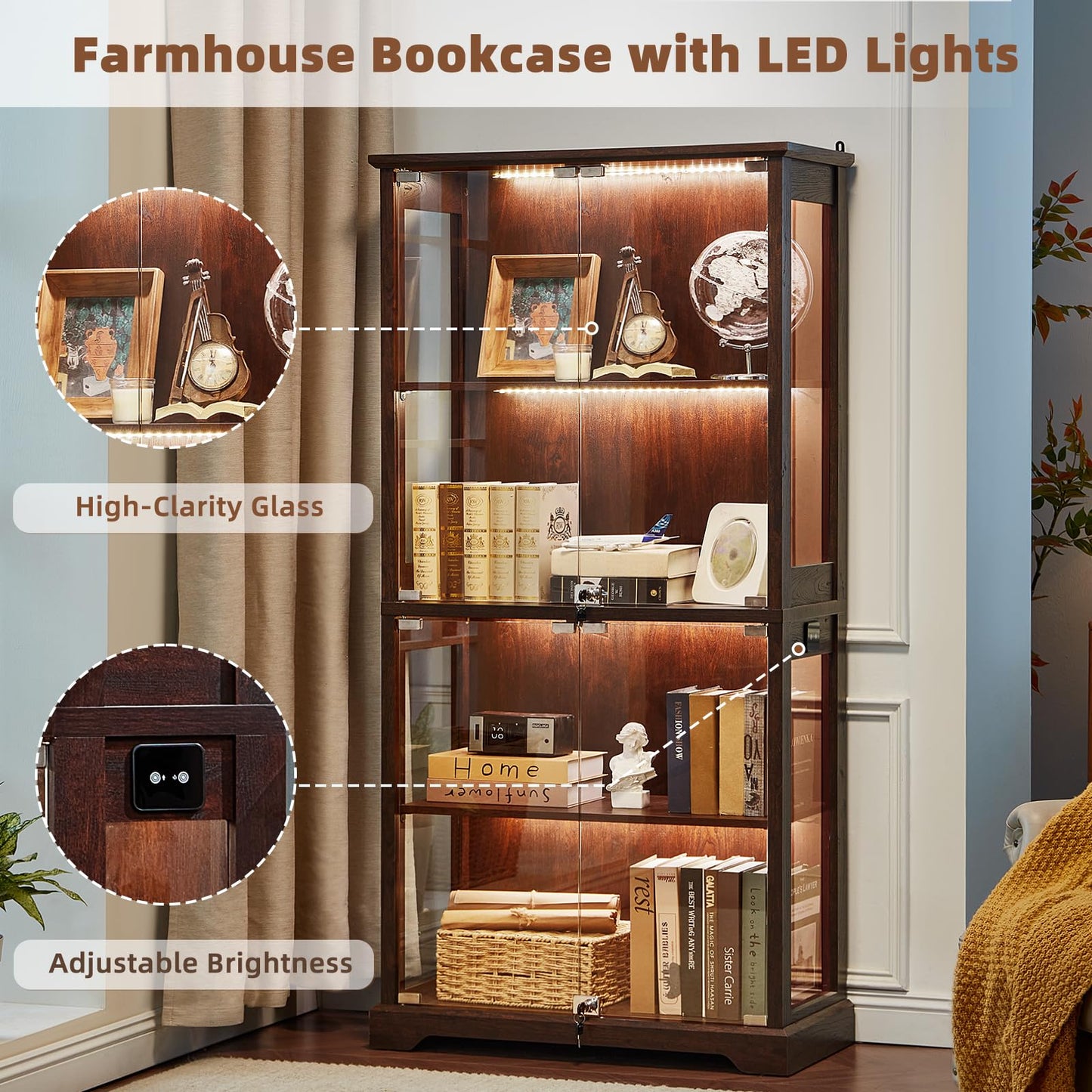 LELELINKY Farmhouse Glass Display Cabinet Set of 2 with Doors, Corner Curio Cabinet for Collectibles, Wooden Display Cabinets for Home, Office, Living Room, Corner, Walnut