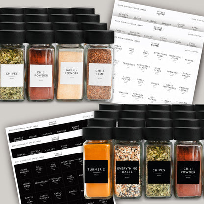 SAVVY & SORTED Glass Spice Jars with Label 24 PK - 4 Oz Spice Containers with 374 Minimalist Preprinted Labels Stickers, Pepper Grinder Funnel Shaker Lids, Empty Seasoning Containers Bottles