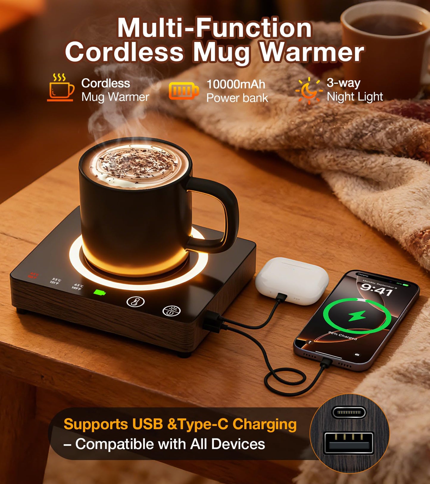 Mug Warmer, Cordless 180 Min Battery Life, 10000mAh Portable Charger, Wireless Coffee Cup Warmer for Desk, 3 Temp Settings, Smart Candle Heat Plate for Home, Office, Travel, Camping & Gifts for Men