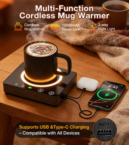 Mug Warmer, Cordless 180 Min Battery Life, 10000mAh Portable Charger, Wireless Coffee Cup Warmer for Desk, 3 Temp Settings, Smart Candle Heat Plate for Home, Office, Travel, Camping & Gifts for Men
