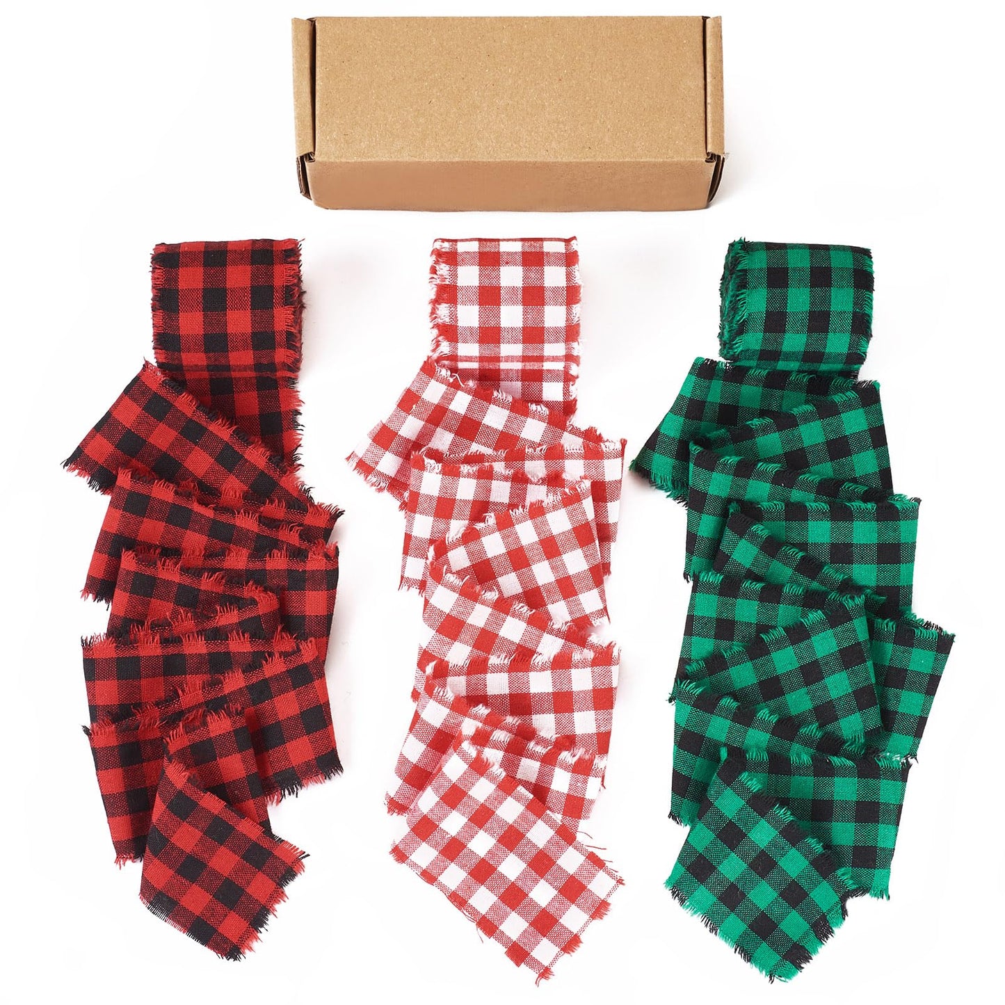 FASHEWELRY 3 Rolls Christmas Plaid Ribbon Cotton Handmade Fringe Wrapping Ribbon Red Green Natural Linen Ribbons for Christmas Tree Bows Decorations Gifts Wrapping