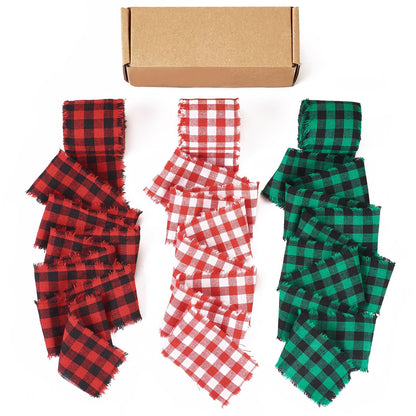 FASHEWELRY 3 Rolls Christmas Plaid Ribbon Cotton Handmade Fringe Wrapping Ribbon Red Green Natural Linen Ribbons for Christmas Tree Bows Decorations Gifts Wrapping