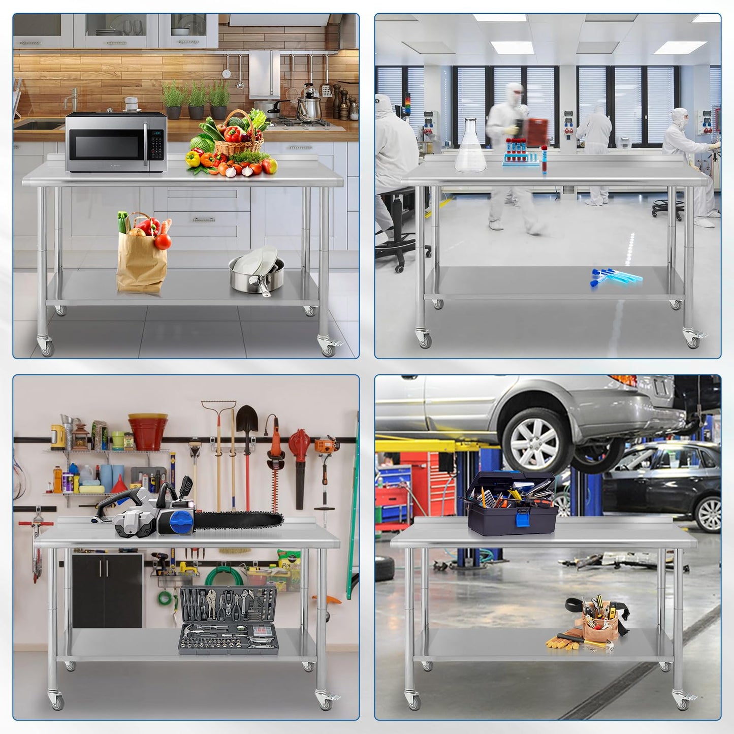 NSF Certified 60" x 24" Stainless Steel Work Table with Caster Wheels - Heavy Duty Prep Station with Adjustable Undershelf & Rear Backsplash - Mobile Commercial Kitchen Table for Restaurant, Garage &