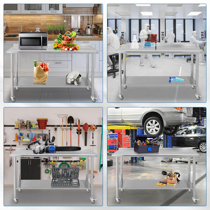 NSF Certified 60" x 24" Stainless Steel Work Table with Caster Wheels - Heavy Duty Prep Station with Adjustable Undershelf & Rear Backsplash - Mobile Commercial Kitchen Table for Restaurant, Garage &