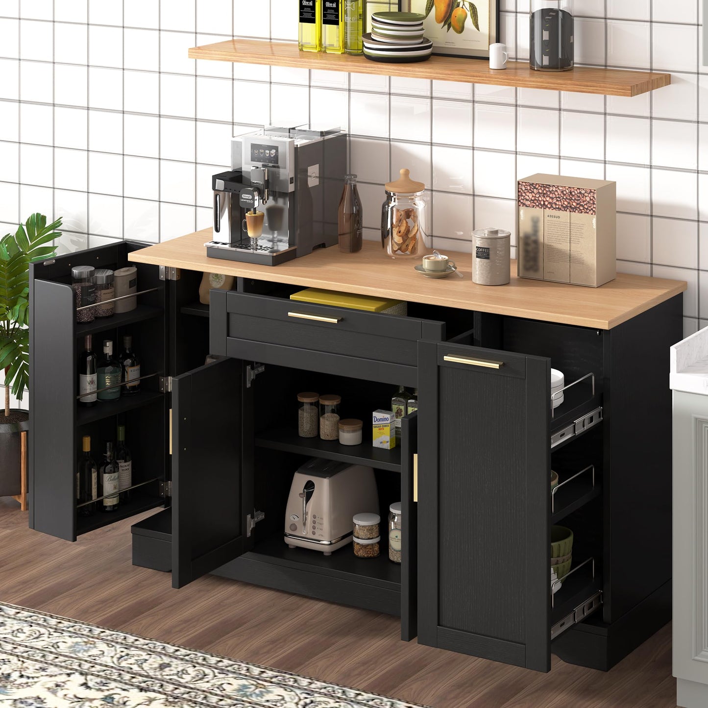 GDFStudio Buffet Cabinet with 3-Tier Pull-Out Rack, Adjustable Shelves, Multi-Functional Storage Cabinet Sideboard Coffee Bar Cabinet, Kitchen Island Storage for Dining Room Living Room, Black