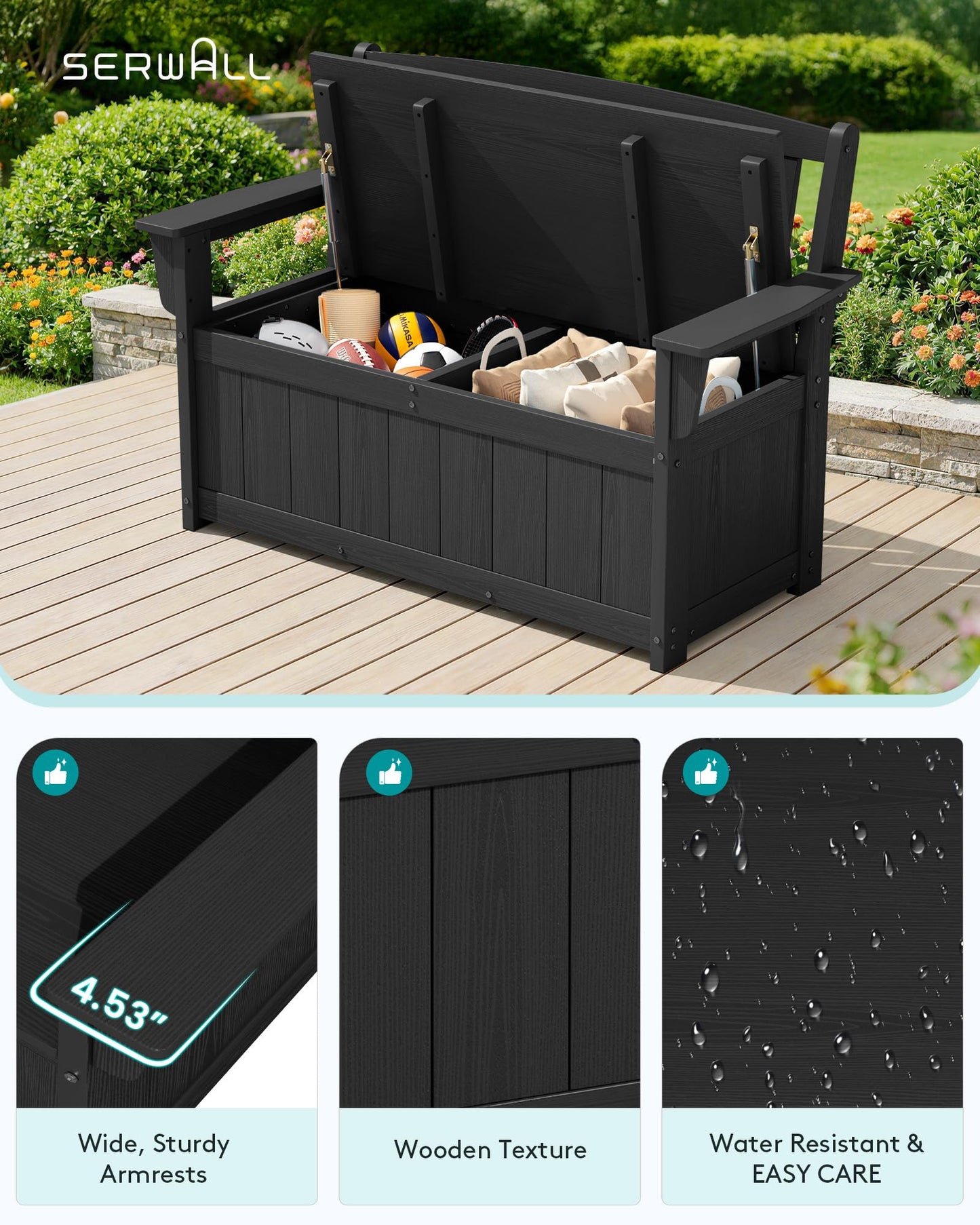 SERWALL HDPE Outdoor Storage Bench, All-Weather, UV-Resistant Deck Box with Waterproof Storage Bags, 57 Gallon Dual-Use Seat & Organizer Deck Boxes for Patio, Garden Tools & Pool (Dark Black)