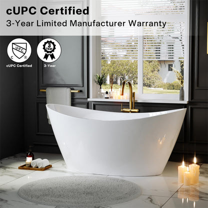 Empava Freestanding Bathtub, Acrylic Soaking Tub with Brushed Nickel Drain & Overflow – Modern Standalone Shower Tub, Non-Slip Flat Bottom Design, Glossy White, 59 Inch,cUPC Certified
