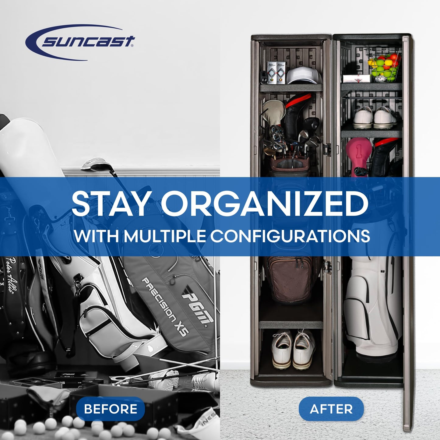 Suncast Garage and Golf Storage Organizer – Golf Rack and Bag Storage, Hall Tree with Shoe Cubby, Heavy-Duty Resin Locker Cabinet with Adjustable Shelves, Lockable, for Golf Equipment, Made in the USA