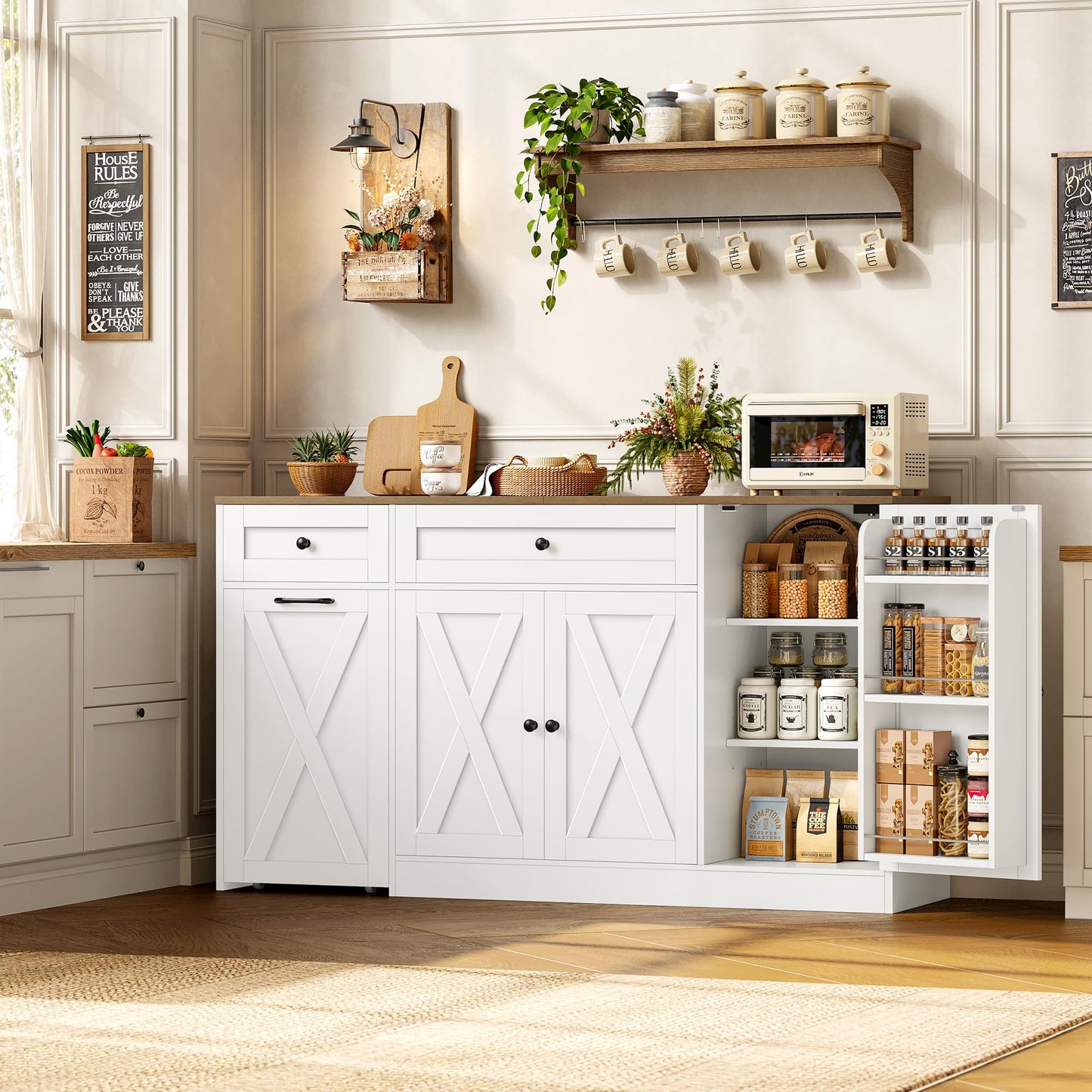 HOSTACK Multifunctional Storage Cabinet - 59" Buffet Cabinet with Charging Station, Large Kitchen Buffet Sideboard with Rolling Cart, Farmhouse Coffee Bar Cabinet with Drawers for Dining Room, White