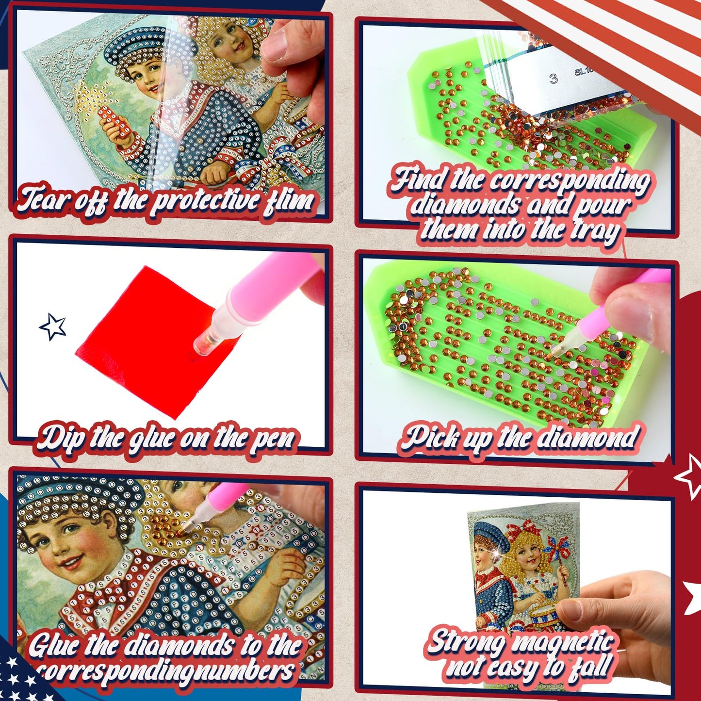 Saillong 12 Pack Vintage 4th of July Diamond Painting Greeting Card Kits Patriotic Diamond Art Cards with Envelopes Retro Red White Blue 5D Rhinestones Painting Making Kits for Adults DIY Craft Gifts