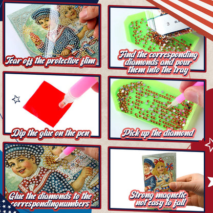 Saillong 12 Pack Vintage 4th of July Diamond Painting Greeting Card Kits Patriotic Diamond Art Cards with Envelopes Retro Red White Blue 5D Rhinestones Painting Making Kits for Adults DIY Craft Gifts