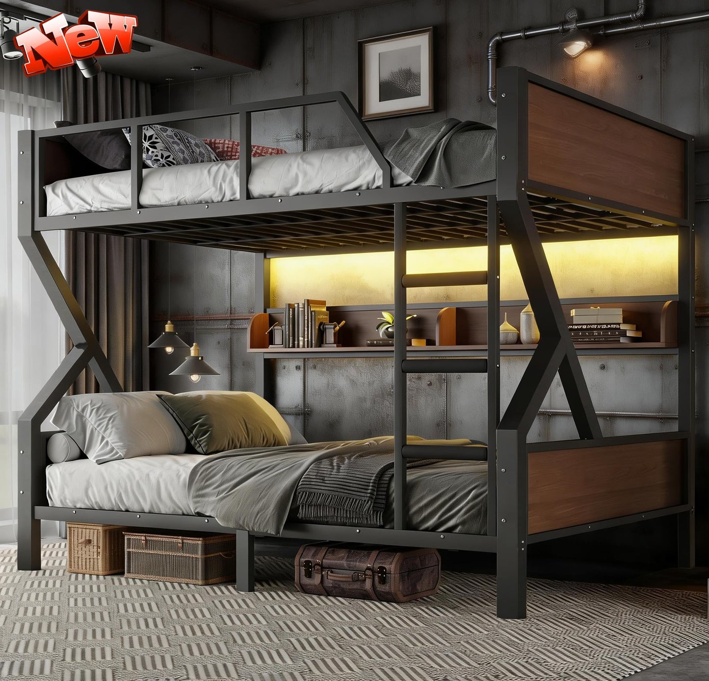 SIMPLEZC Upgraded Version Heavy Duty Thicken Metal Queen Over Queen Bunk Bed with Storage Shelves and Lights, Best Industrial Style Bunk Bed Frame with Wood Board for Adults (Queen Over Queen)