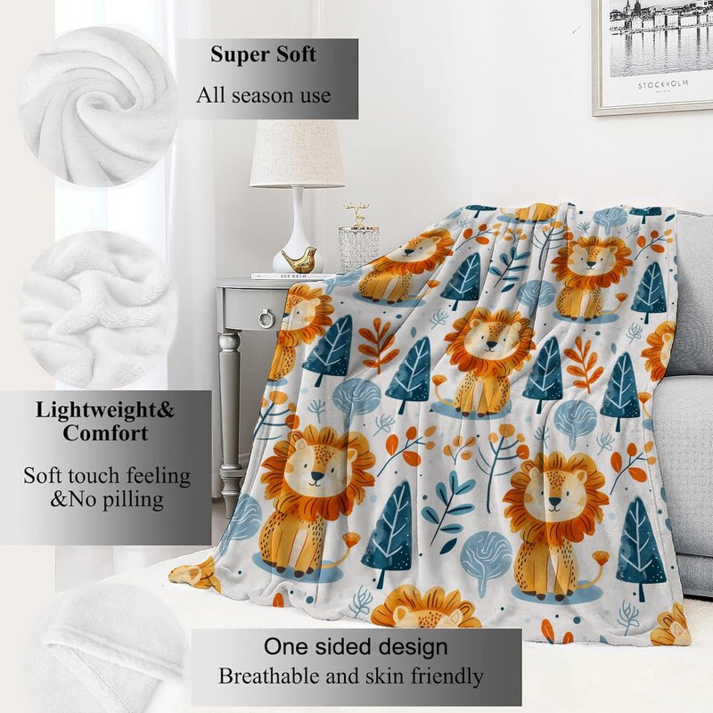 VODRM Cute Lion and Forest Blanket,Fun Cartoon Jungle Theme Throw Blankets,Birthday Gifts for Kids & Animal Lovers,Lightweight Soft Fleece,for Picnic Sofa Couch Bed Room Travel,Modern Decor,50x60in