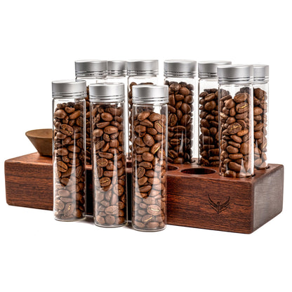 KNODOS Single Dose Coffee Bean Storage Tubes Coffee Bean Cellar 10 Pcs Dosing Glass Vials With Lids (2 Oz) Wooden Display Stand And Funnel