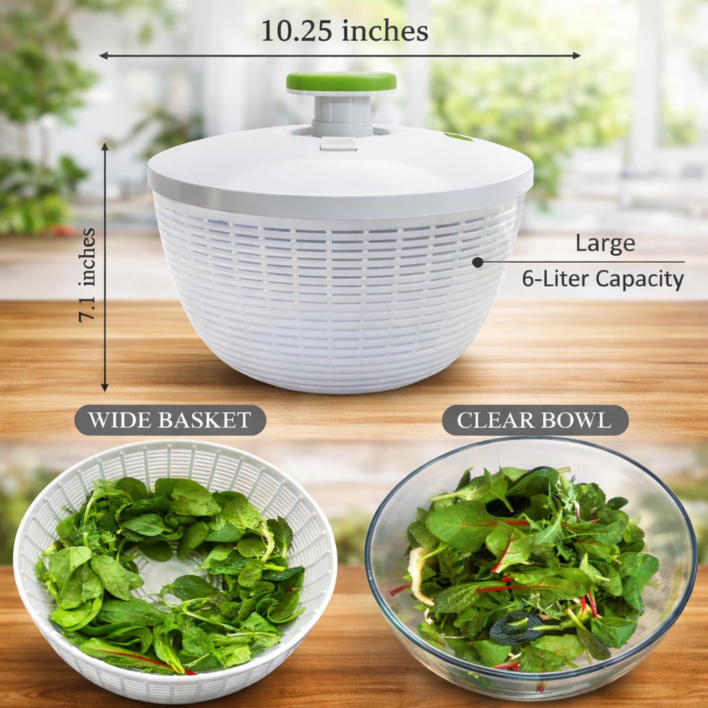 Brieftons 6.2-Quart Large Salad Spinner: Vegetable Washer Dryer Drainer Strainer with Bowl & Colander, Easy One-Handed Pump, Compact Storage, for Washing, Cleaning & Drying Greens, Vegetables, Fruits