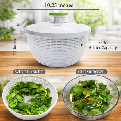 Brieftons 6.2-Quart Large Salad Spinner: Vegetable Washer Dryer Drainer Strainer with Bowl & Colander, Easy One-Handed Pump, Compact Storage, for Washing, Cleaning & Drying Greens, Vegetables, Fruits