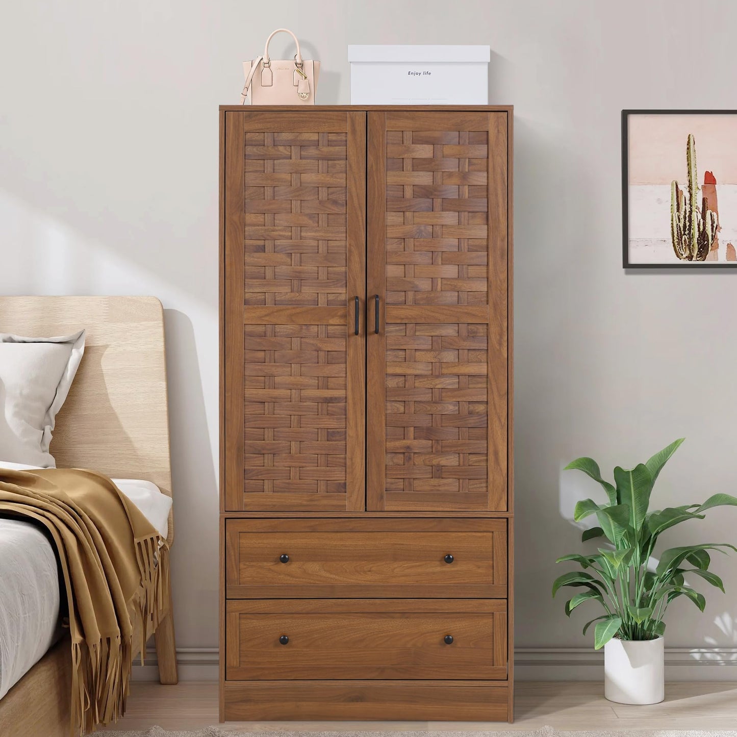 LEVNARY Armoire Wardrobe Closet with 2 Woven Doors, Wardrobe Cabinet with Storage Drawers and Hanging Rail, Freestanding Closets for Bedroom (Walnut)