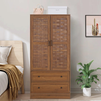 LEVNARY Armoire Wardrobe Closet with 2 Woven Doors, Wardrobe Cabinet with Storage Drawers and Hanging Rail, Freestanding Closets for Bedroom (Walnut)