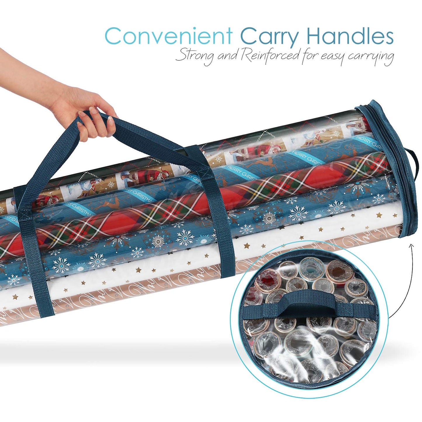 Hearth & Harbor Wrapping Paper Storage Container - Clear Wrapping Paper Holder Fits Up To 14 Rolls of 40" - Tear Proof Gift Wrap Organizer - Premium Bag for Easy Carrying, Blue