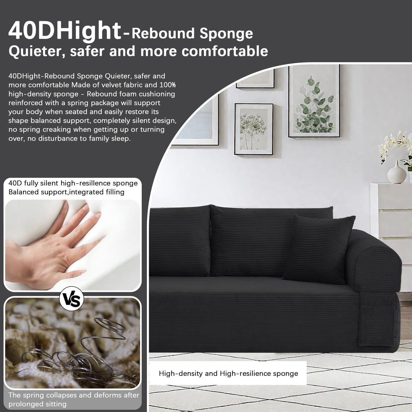 83" Modern Sofa in a Box, No Assembly Oversized 3 Seater 28" Deep Seat Cloud Sofa Bed Couch with 4 Furry Pillows & Corduroy Fabric, Boneless Couch with Side Storage Pockets for Living Room, Black