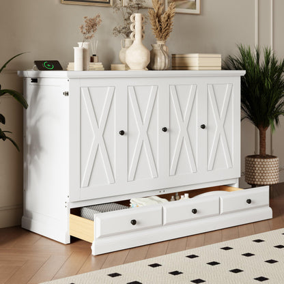 YOPTO Murphy Bed Cabinet Full Size with Charging Station and Large Storage Drawer,Pine Wood Folding Wall Bed Frame,Space Saving,Easy Assembly,Hidden Platform Bed for Home Office or Small Room,White