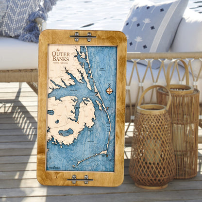 Outer Banks 3D Wood Map Nautical Decor Serving Tray & Wall Art, OBX Coastal Home Decor, Nautical Ottoman Tray, Handcrafted in The USA, 13 x 24.5-in (Distressed Coffee/Deep Blue)