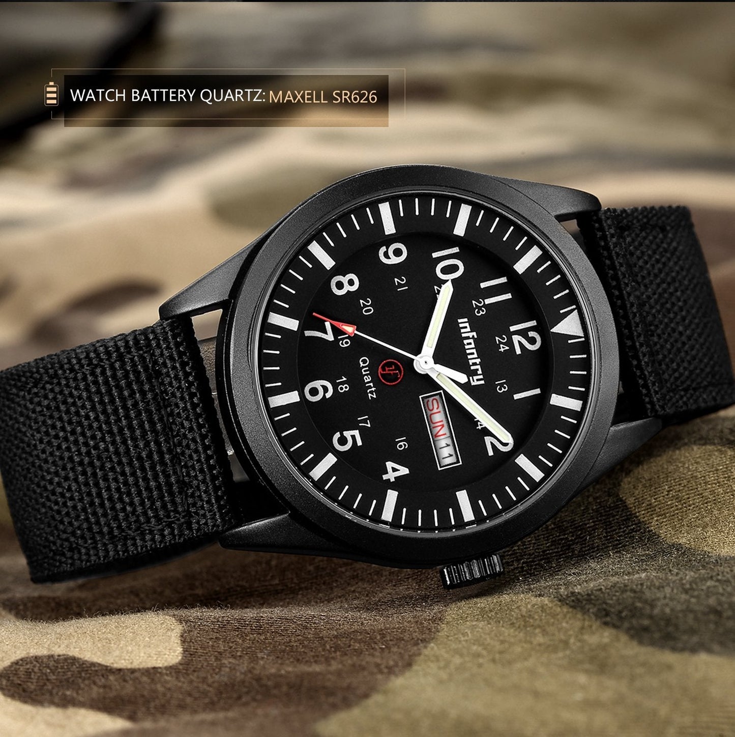Infantry Mens Military Army Outdoor Sport Watch Field Tactical Black Wrist Watches for Men Waterproof 24 Hour Work Date Day Analog Wristwatch Nylon Band