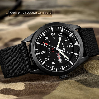 Infantry Mens Military Army Outdoor Sport Watch Field Tactical Black Wrist Watches for Men Waterproof 24 Hour Work Date Day Analog Wristwatch Nylon Band