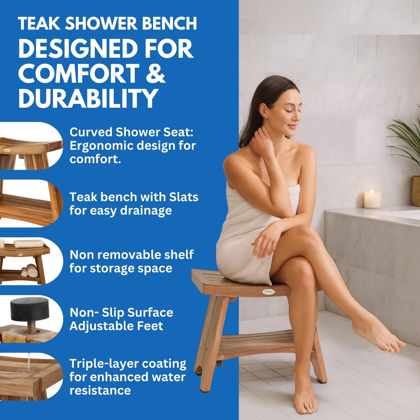 EcoDecors 24 Inch Serenity Teak Shower Bench – Waterproof Bathroom Seat with Large Storage Shelf For Adults & Seniors | Spa-Style Teak Wood Stool with Non-Slip Feet, Elegant Finish, 300 Pound Capacity