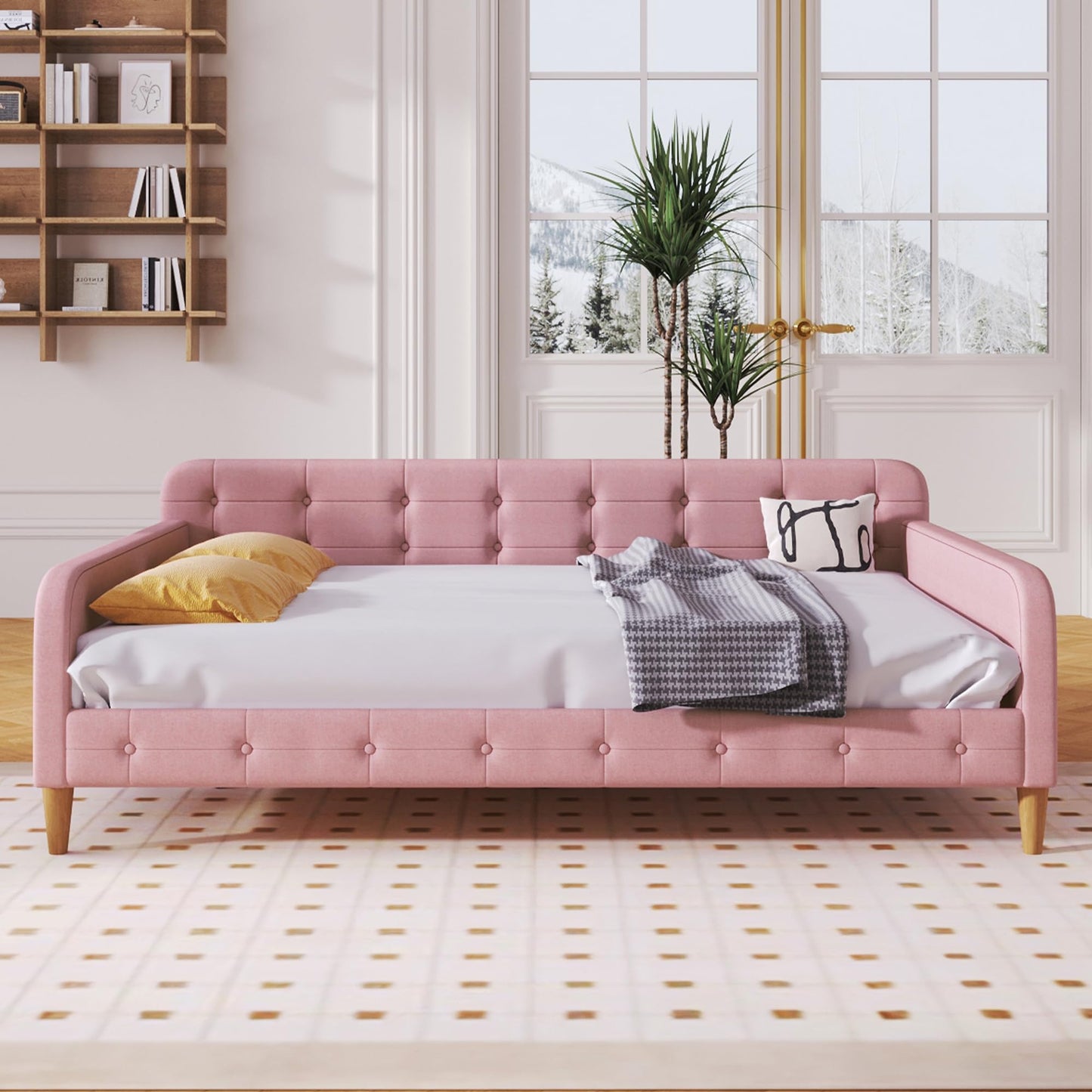 GDFStudio Full Size Upholstered Daybed with Support Legs, Linen Sofa Bed Frame with Button Tufted Sides, Wood Slat Support, No Box Spring Required, Modern Guest Bed for Bedroom or Living Room, Pink