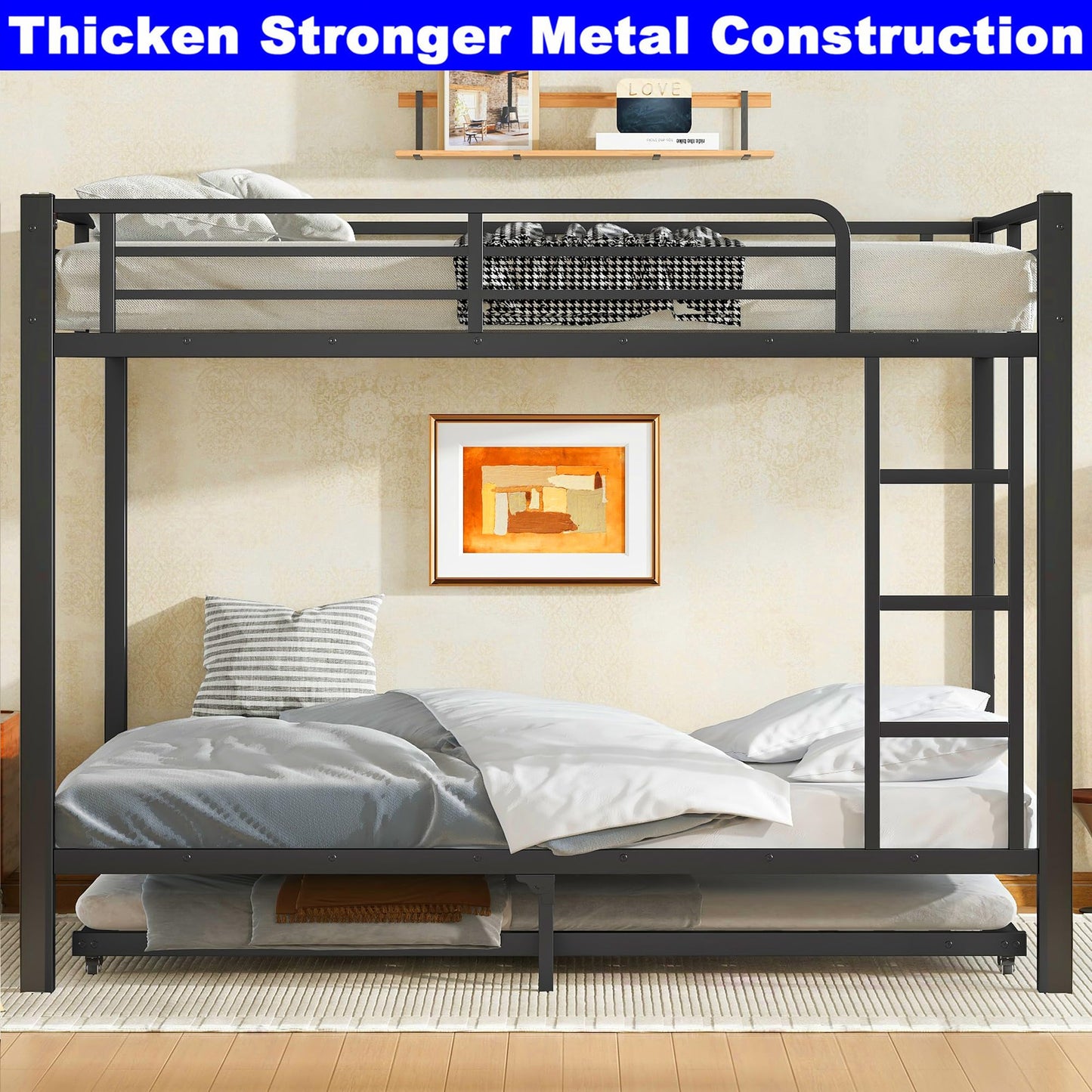 SIMPLEZC Upgraded Version Thicken Stronger Metal Heavy-Duty Full Over Full Bunk Bed with Twin Size Trundle, Bunk Bed for Adults with Ladders, Easy Assemble (Full/Full)