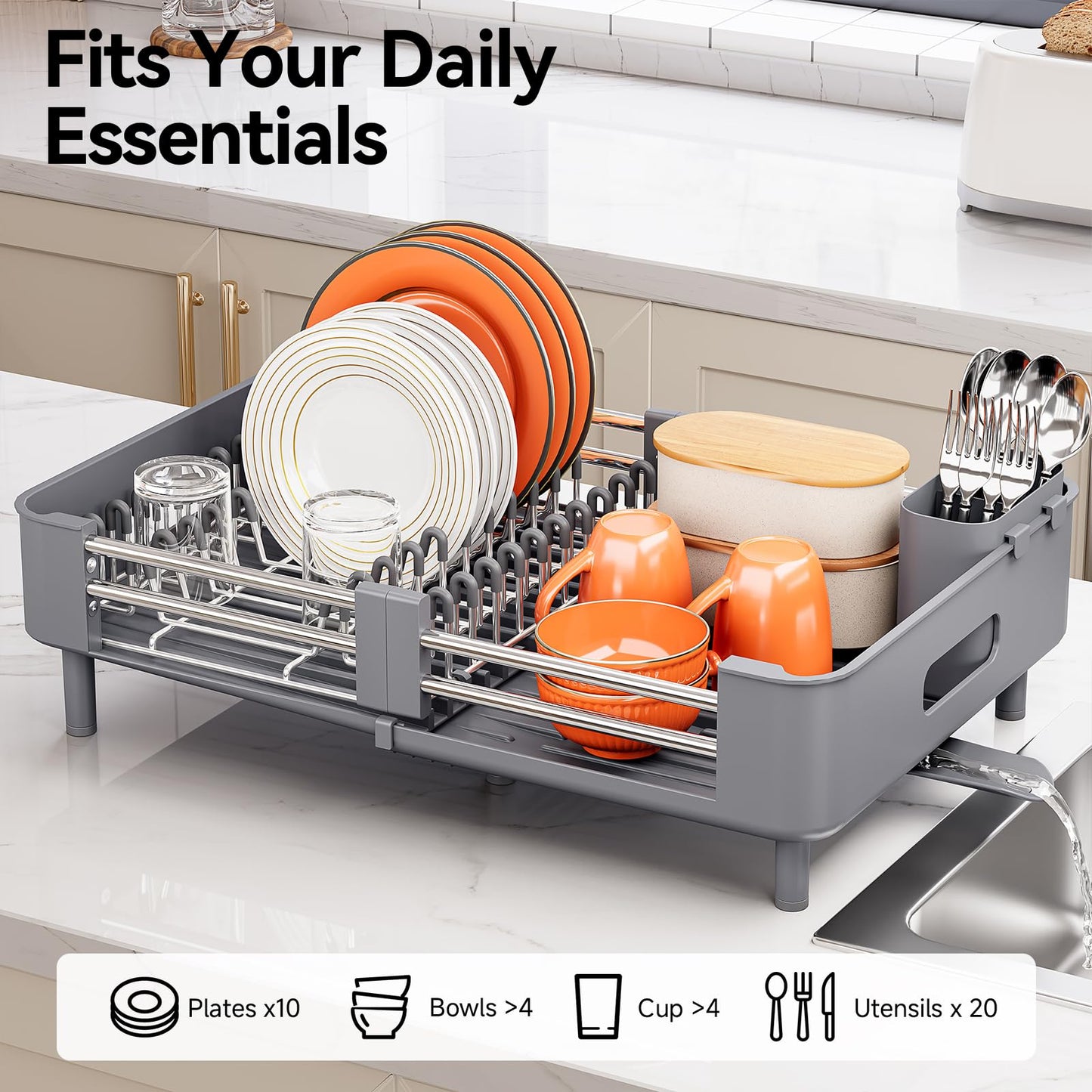 Urackify Stainless Steel Dish Drying Rack - Dish Drainer for Kitchen Counter, Extendable Drainboard with Foldable, Space-Saving Cup & Bowl Organizer, Includes Knife and Utensil Holder, Gray