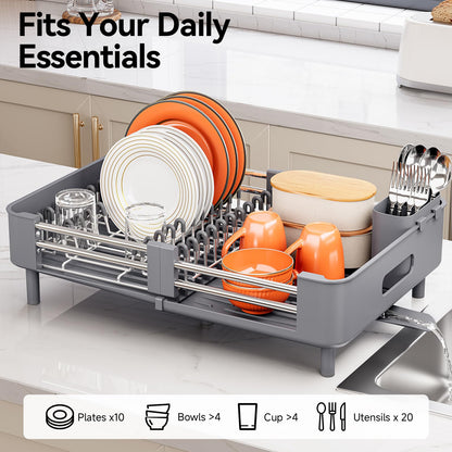 Urackify Stainless Steel Dish Drying Rack - Dish Drainer for Kitchen Counter, Extendable Drainboard with Foldable, Space-Saving Cup & Bowl Organizer, Includes Knife and Utensil Holder, Gray