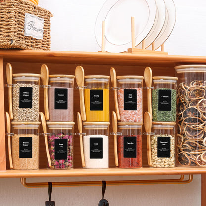 ComSaf 16Pcs Glass Spice Jars with Bamboo Lid, 4oz Airtight Square Spice Containers with 275 Black Lables, Empty Seasoning Jars for Spice Salt Sugar