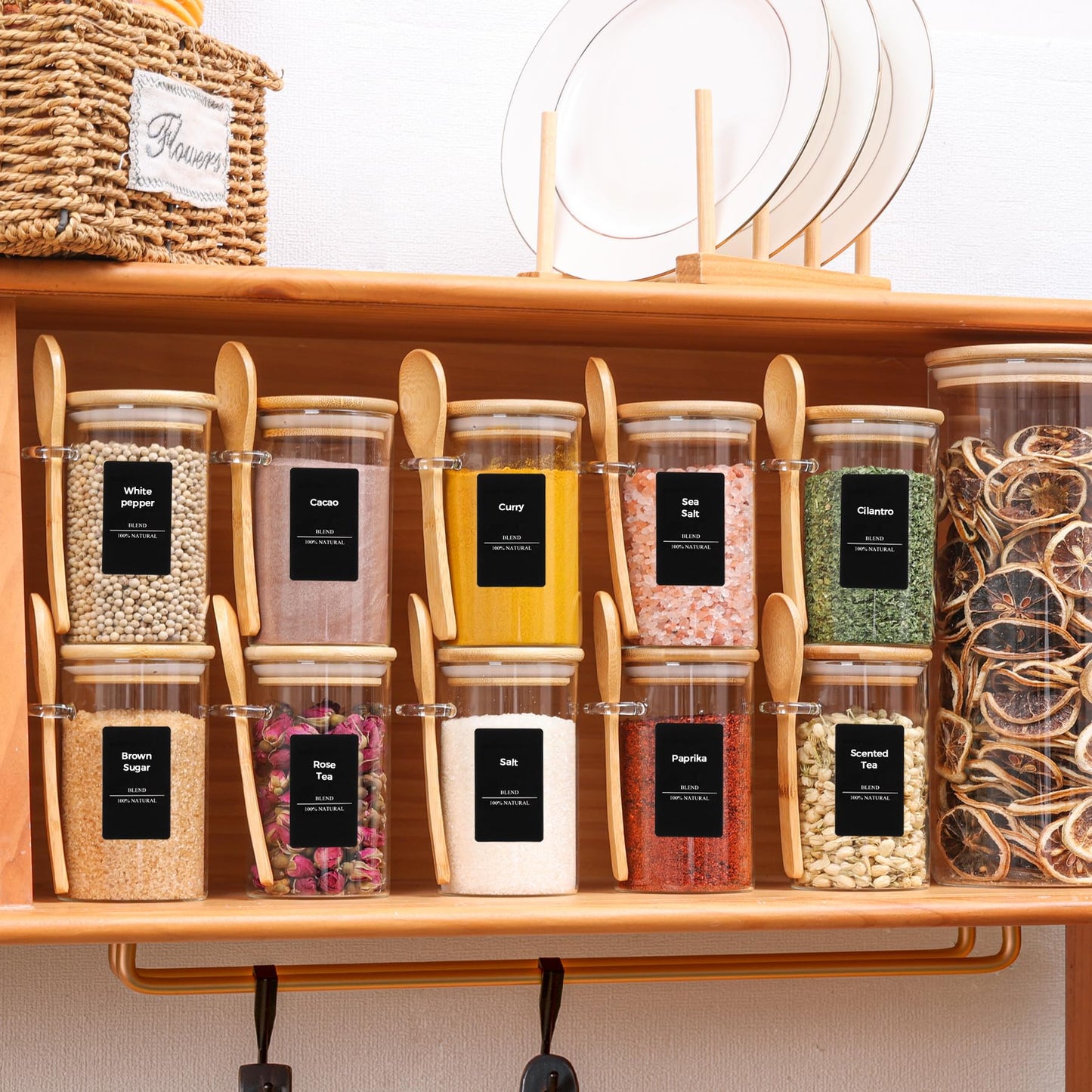 ComSaf 16Pcs Glass Spice Jars with Bamboo Lid, 4oz Airtight Square Spice Containers with 275 Black Lables, Empty Seasoning Jars for Spice Salt Sugar