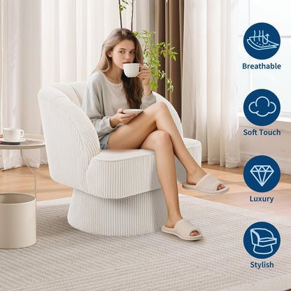 GAOMON Modern Swivel Barrel Accent Chair, 360° Corduroy Upholstered Armchair with Striped Backrest & Plush Padding, Comfy Round Lounge Chair for Living Room, Bedroom, Reading Nook - Beige