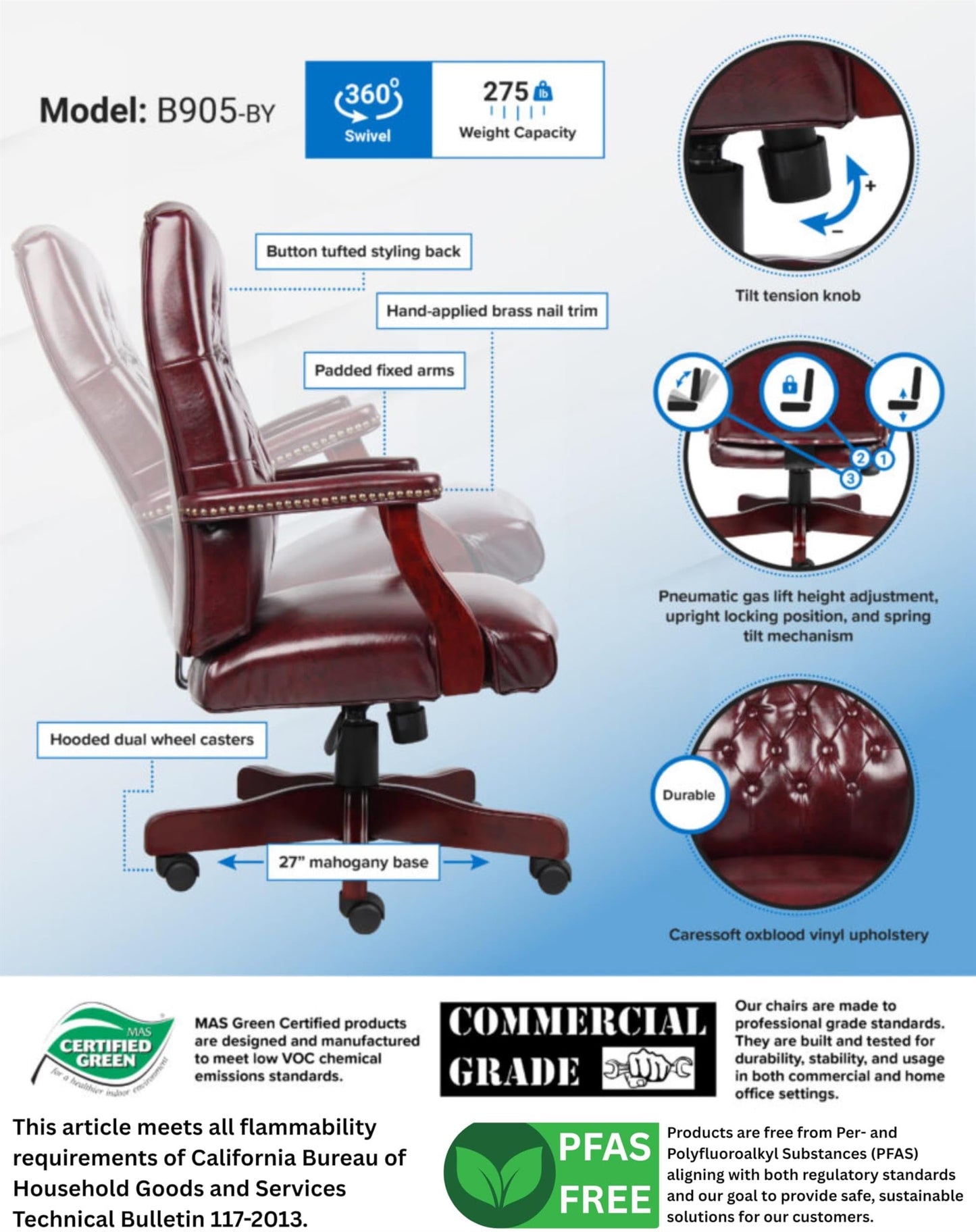 Pemberly Row High Back Executive Chair, Faux Leather with Tufted Design, Oxblood Finish, Mahogany Wood Frame, Height Adjustable with Rolling Casters, Padded Armrests, Office Chair 27" W x 28" D x