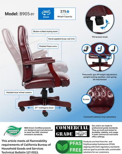 Pemberly Row High Back Executive Chair, Faux Leather with Tufted Design, Oxblood Finish, Mahogany Wood Frame, Height Adjustable with Rolling Casters, Padded Armrests, Office Chair 27" W x 28" D x