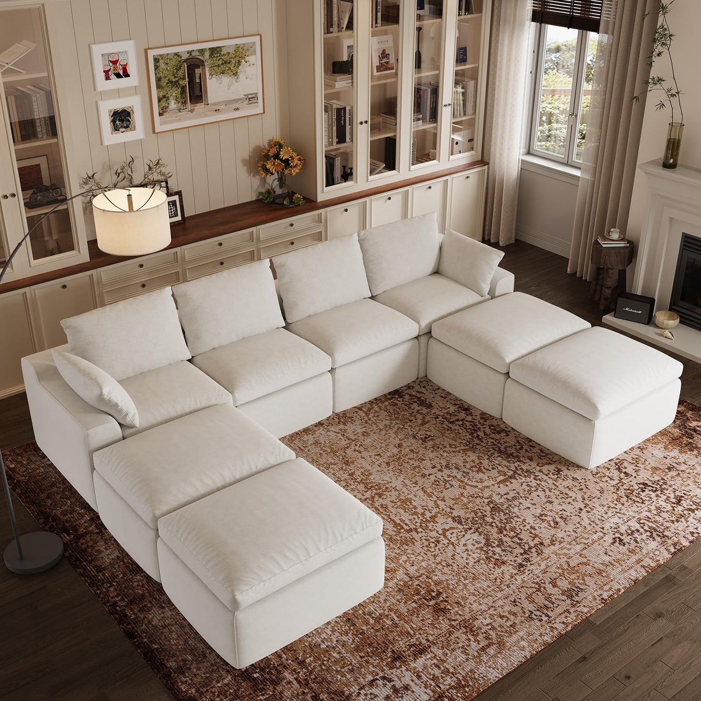Novilla 133.8" Modular Cloud Couch, Modern Sectional Sofa with Smarts Coil® Support, Chenille Fabric, Upholstered Couch for Living Room Apartments Bedroom, No Assembly, 4 Seater + 4 Ottoman, White