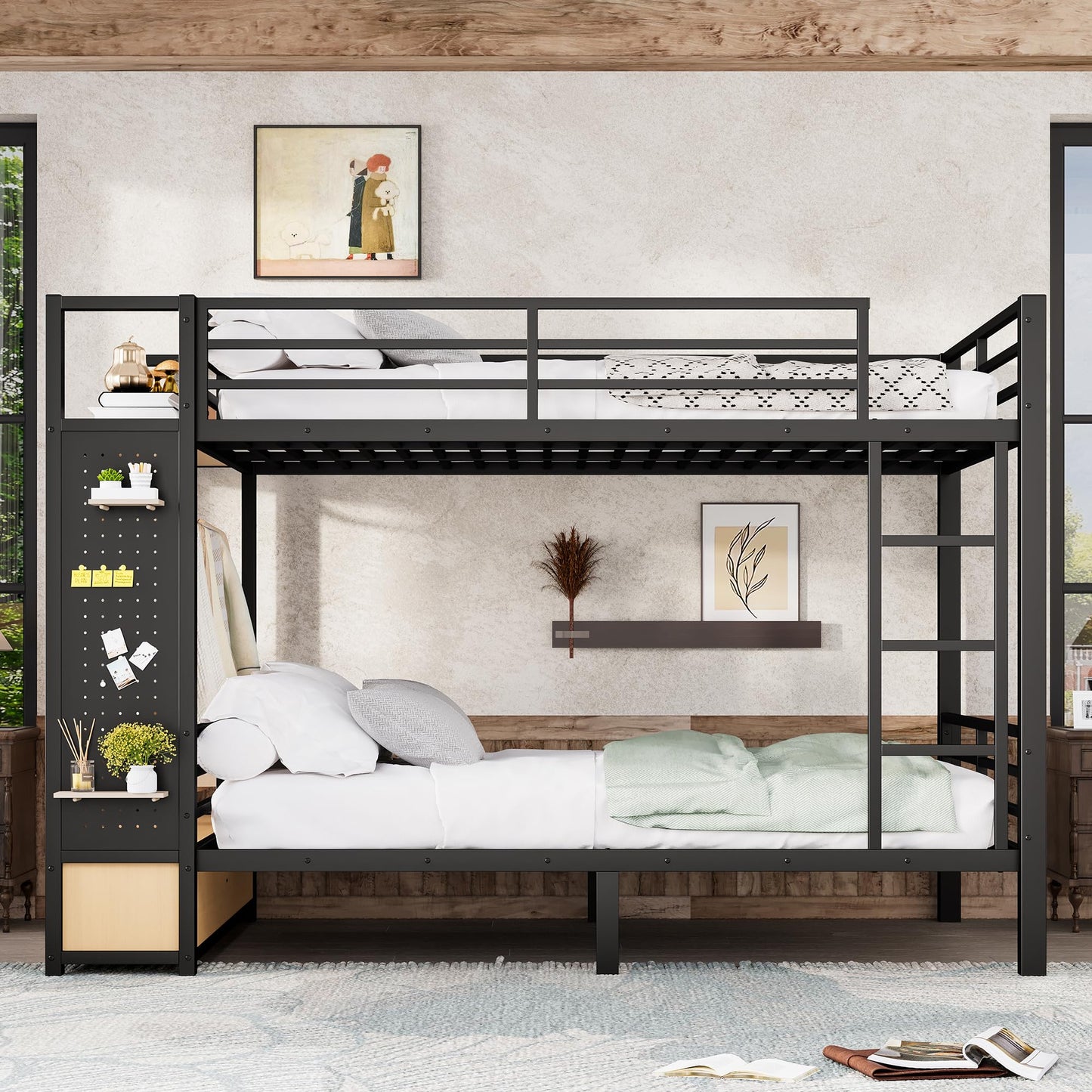 Bellemave Queen Over Queen Metal Bunk Bed with Storage Drawers and Shelves, Heavy Duty Bunk Beds with Pegboard and Coat Rack for Kids, Adults,Black