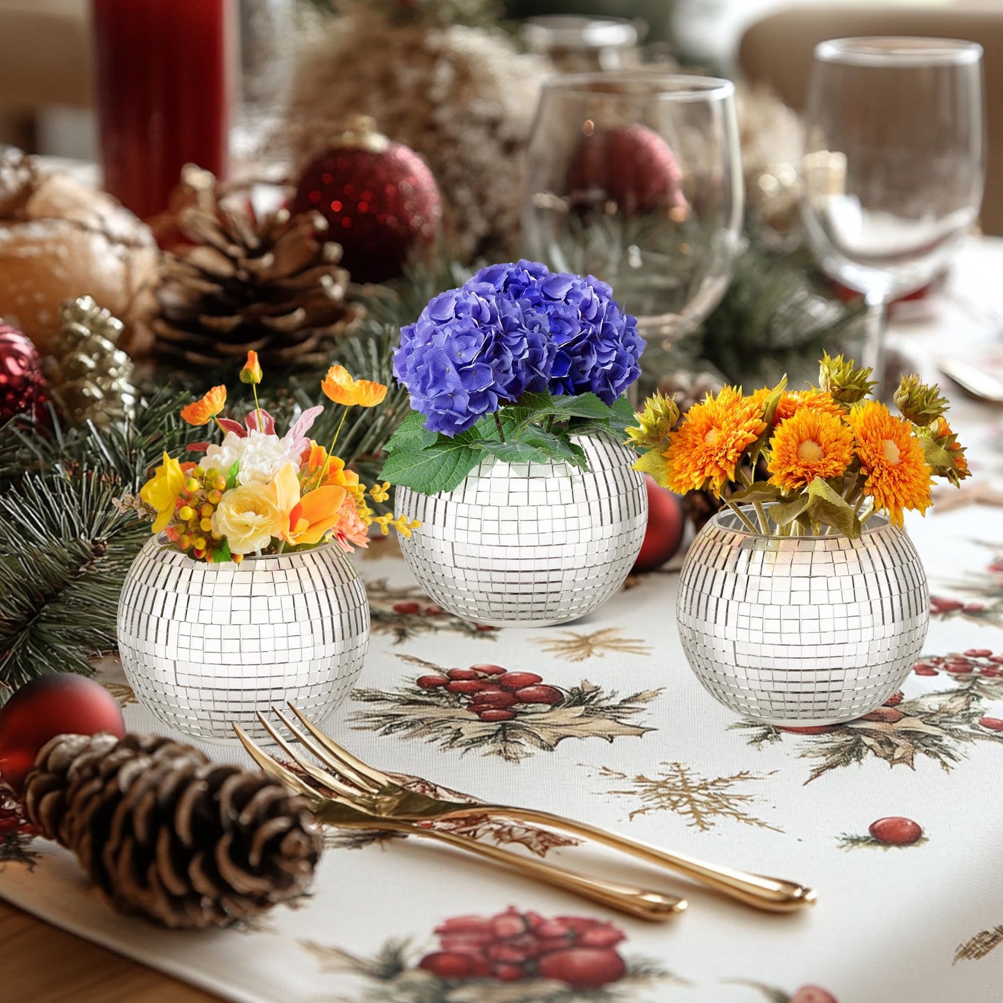 Wacloud 6Pcs Disco Ball Vase Set – Mirror Vases for Table Centerpieces, Real Glass Mosaic Flower Planter for Wedding, Birthday, Home Décor & Party Decoration – Sparkling Retro Disco Ball Home Accent