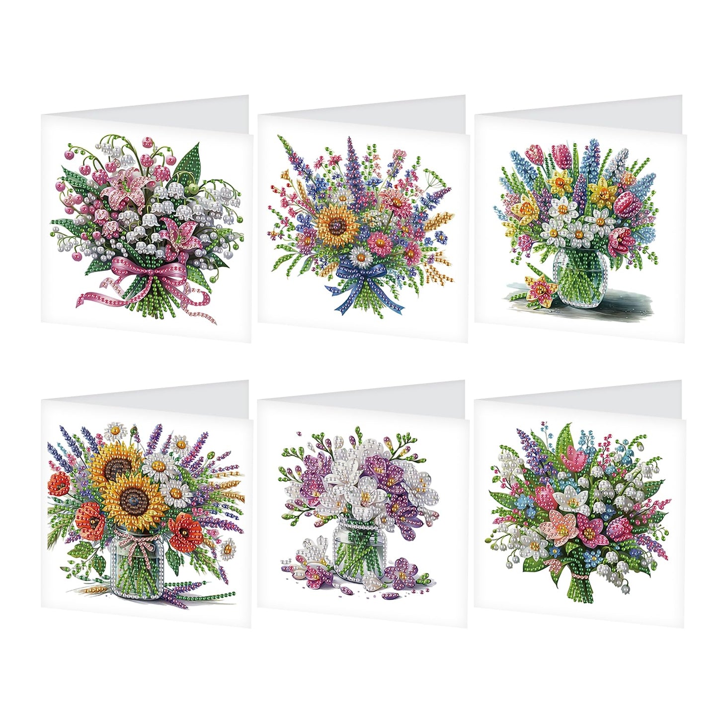 SHEGZHUC 6 Pack Diamond Painting Gift Card Diamond Art Kits for Adults Birthday Wedding Anniversary Greeting Get Well Congratulations Thank You Cards with Envelopes || Flowers in Vase Bouquets
