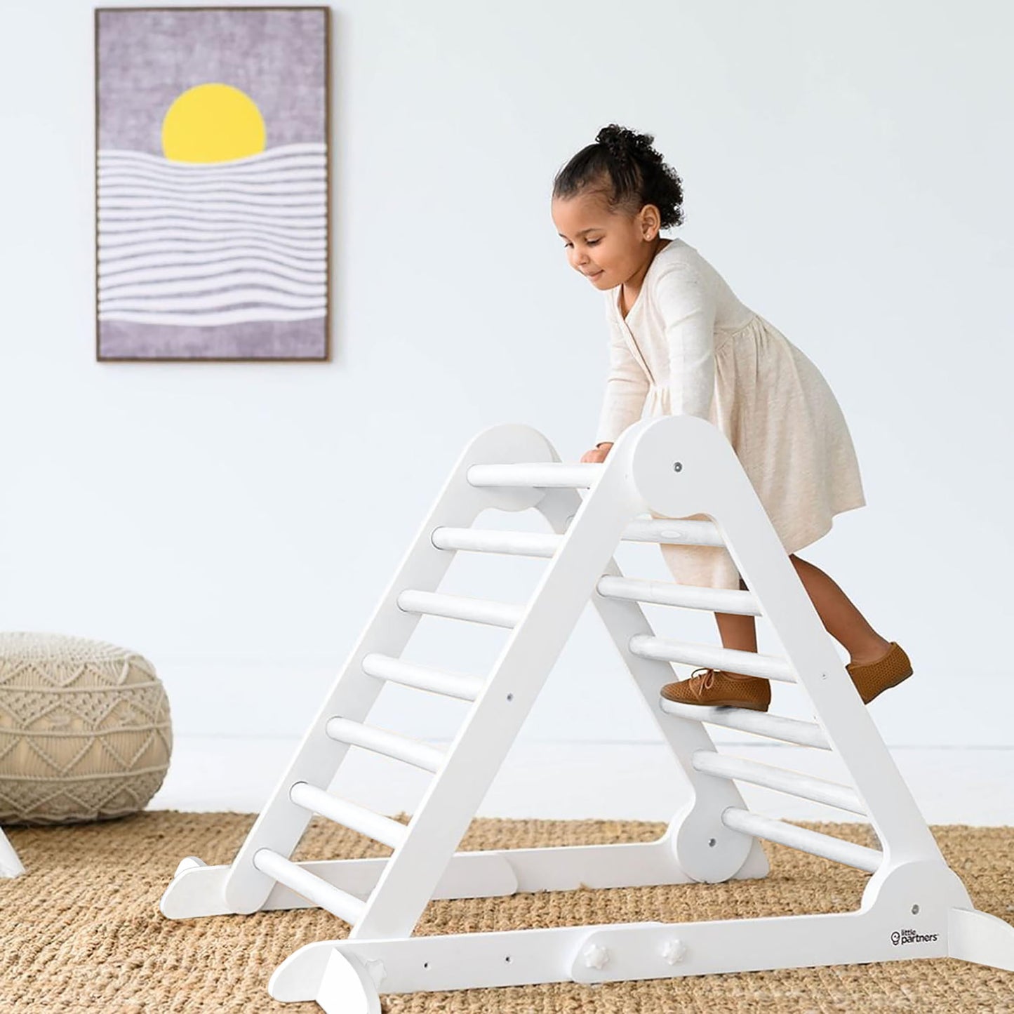 Little Partners Learn 'N Climb Foldable Wooden Climbing Triangle, Wood Climbing Gym for Toddlers, Triangle Climber for Skill-Building and Active Play, Soft White