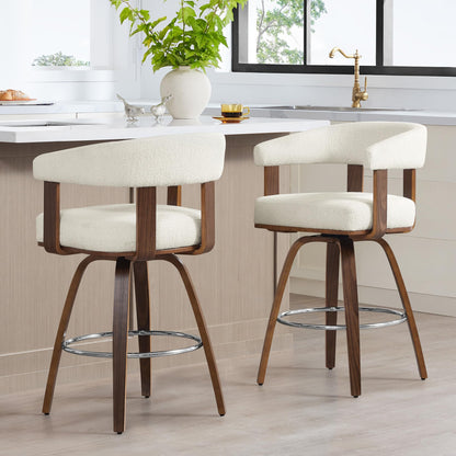 CHITA Swivel Counter Height Barstools Set of 2, FSC Certified Polyester Upholstered Bar Stools with Back and Armrest for Kitchen Island Home Bar, 27" Seat Height, Cream with Walnut Frame