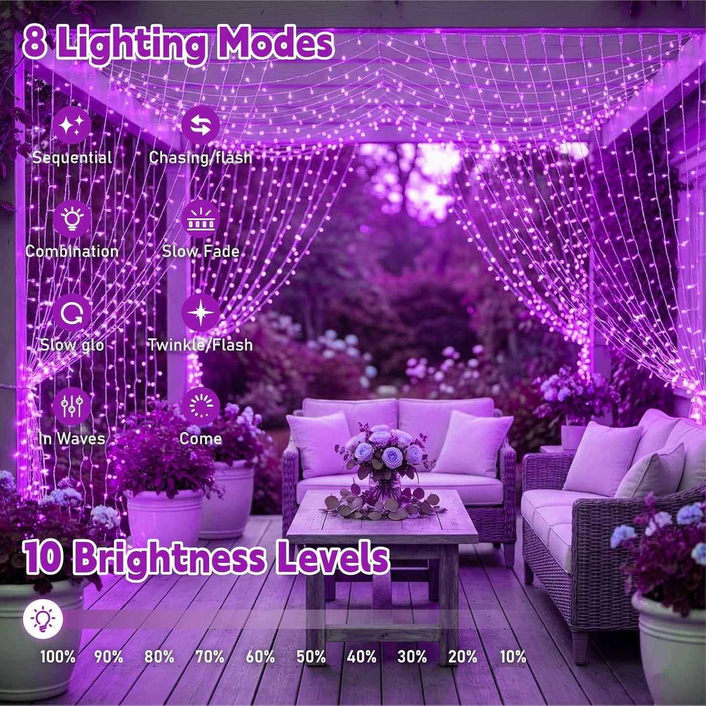200LED 6.6x6.6ft 8 Curtain Light for Bedroom, Purple Window Wall Hanging Fairy Curtain String Light, Modes Remote Fairy