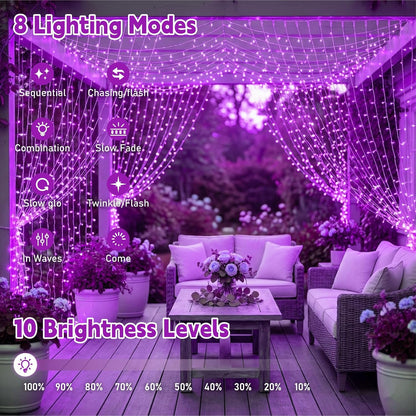 200LED 6.6x6.6ft 8 Curtain Light for Bedroom, Purple Window Wall Hanging Fairy Curtain String Light, Modes Remote Fairy