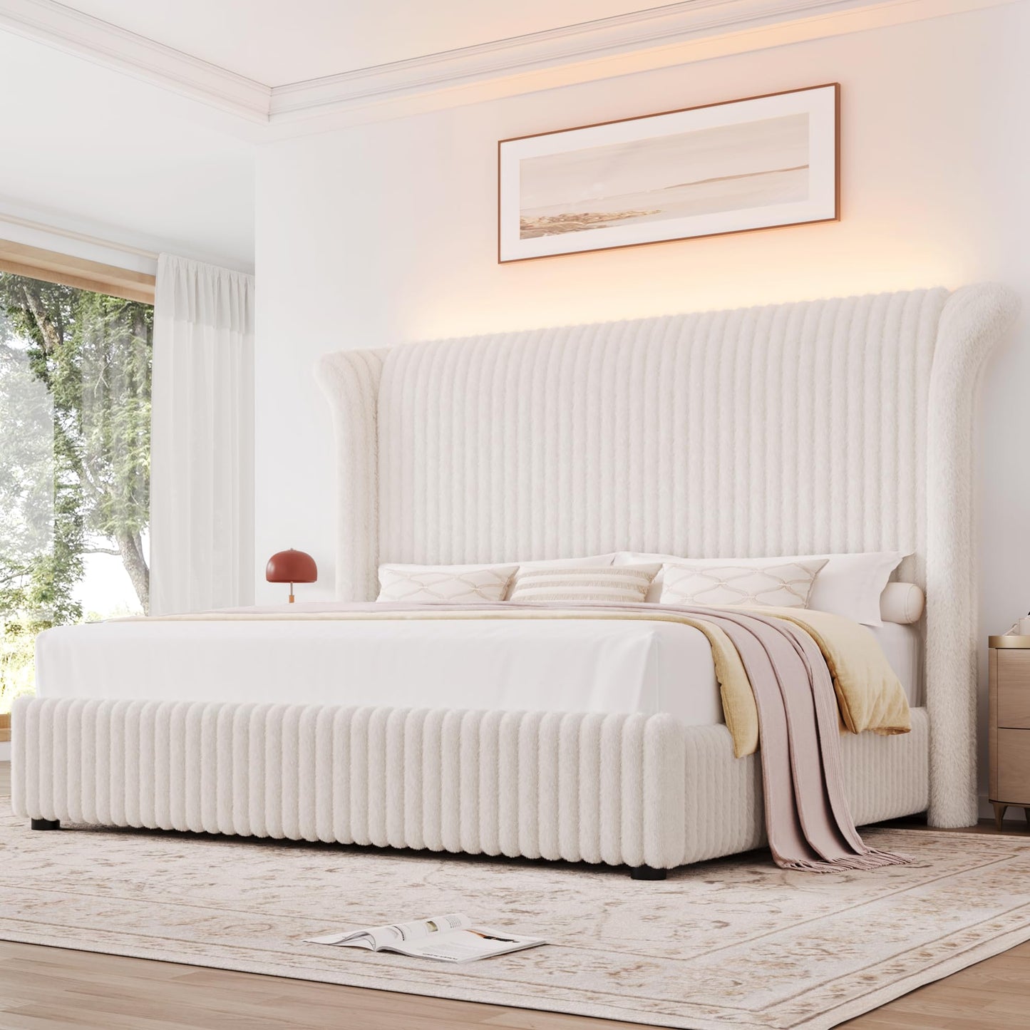 Keyluv King Bed Frame with 54.3” Tall Faux-Fur Wingback Headboard, Upholstered Platform Bed with LED Light, Mattress Foundation with Solid Wooden Slats Support, No Box Spring Needed, Noise-Free, Beige