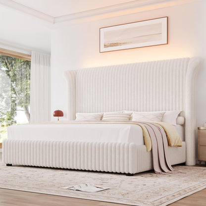 Keyluv King Bed Frame with 54.3” Tall Faux-Fur Wingback Headboard, Upholstered Platform Bed with LED Light, Mattress Foundation with Solid Wooden Slats Support, No Box Spring Needed, Noise-Free, Beige