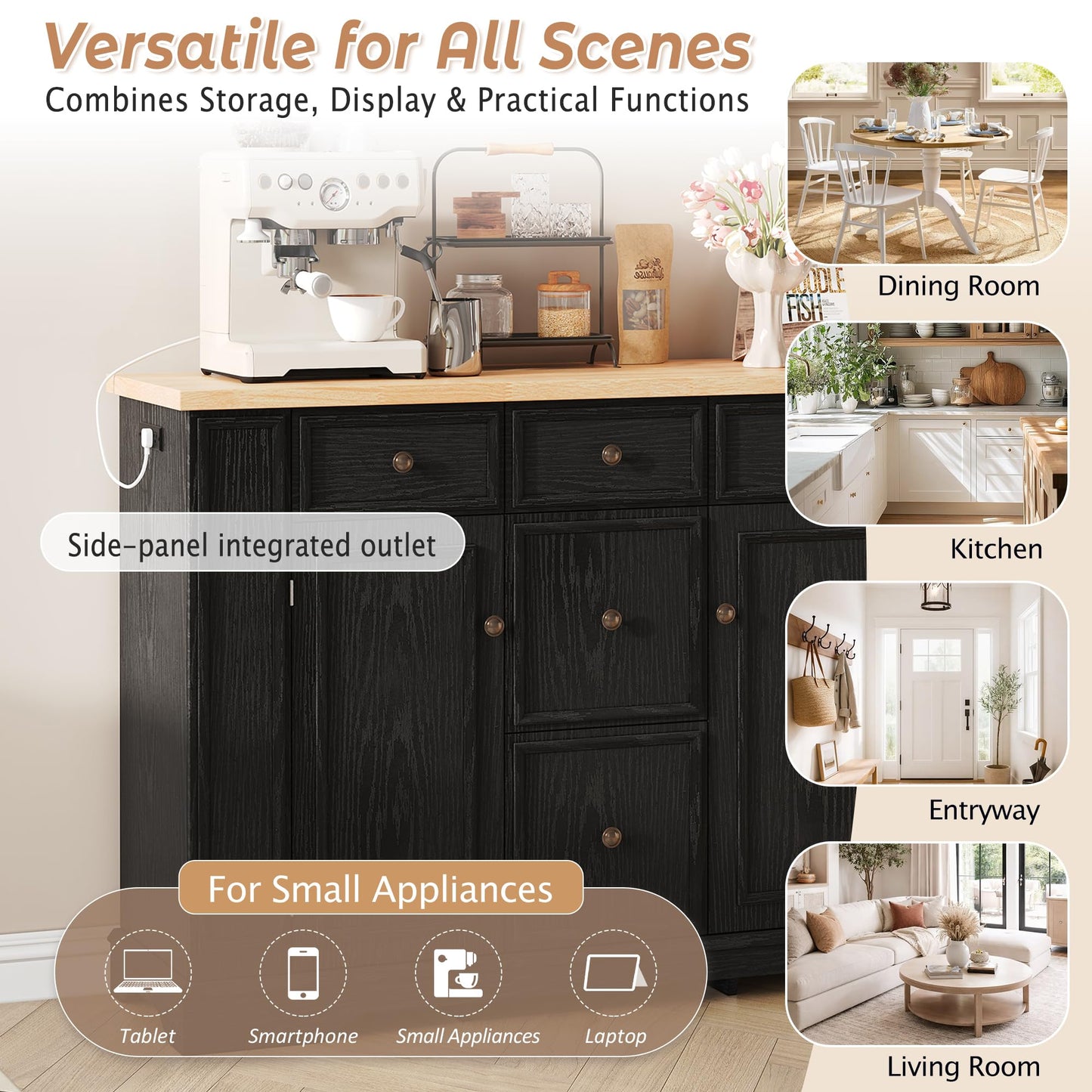Merax Sideboard Buffet Cabinet with Storage, 51.2" Kitchen Console Table with 5 Drawers and 2 Cabinets, Adjustable Shelves Buffet Server for Dining Room, Living Room, Entryway, Black